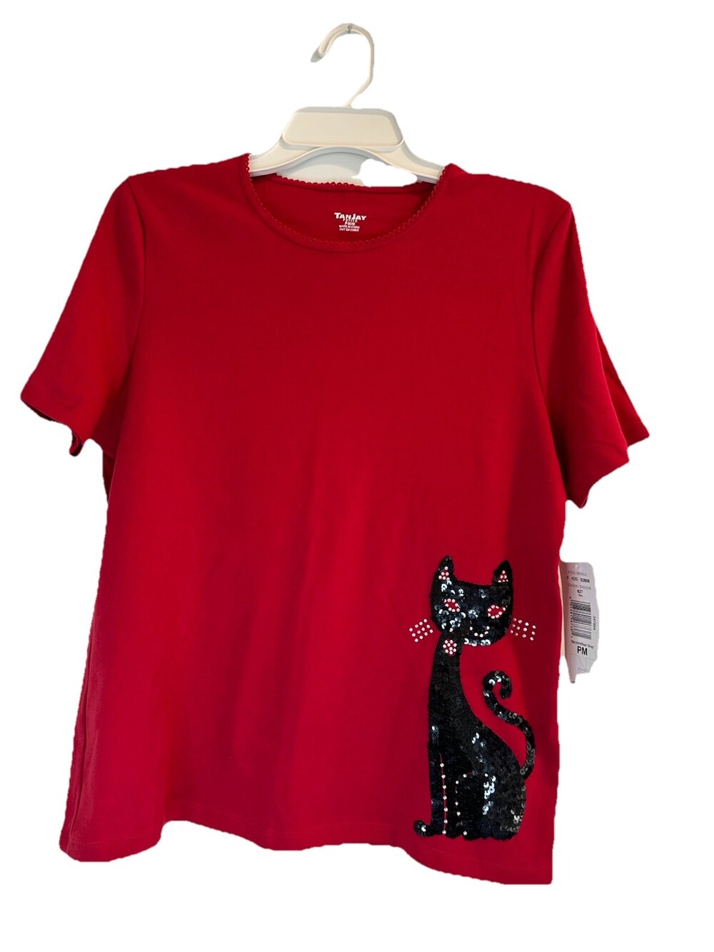 TanJay New Womens Top Petite Medium Red Sequin Cat Stretchy Short Sleeve